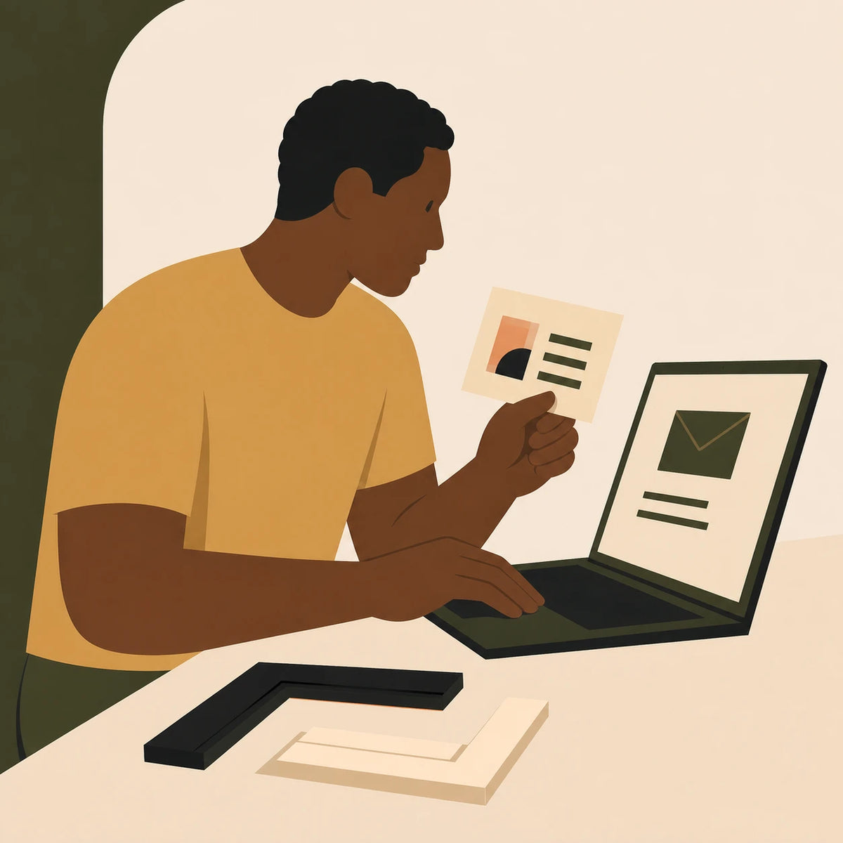 Editorial illustration of a customer reviewing an order beside a laptop and two frame samples.