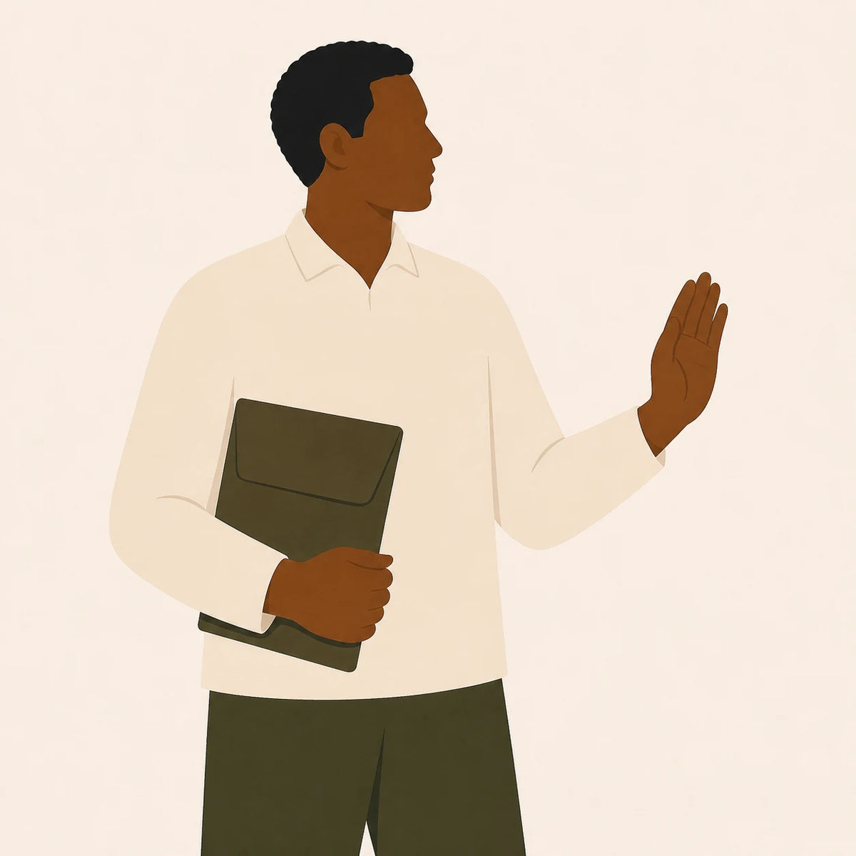 A man holds a closed personal folio and raises one hand in a calm gesture of choice.