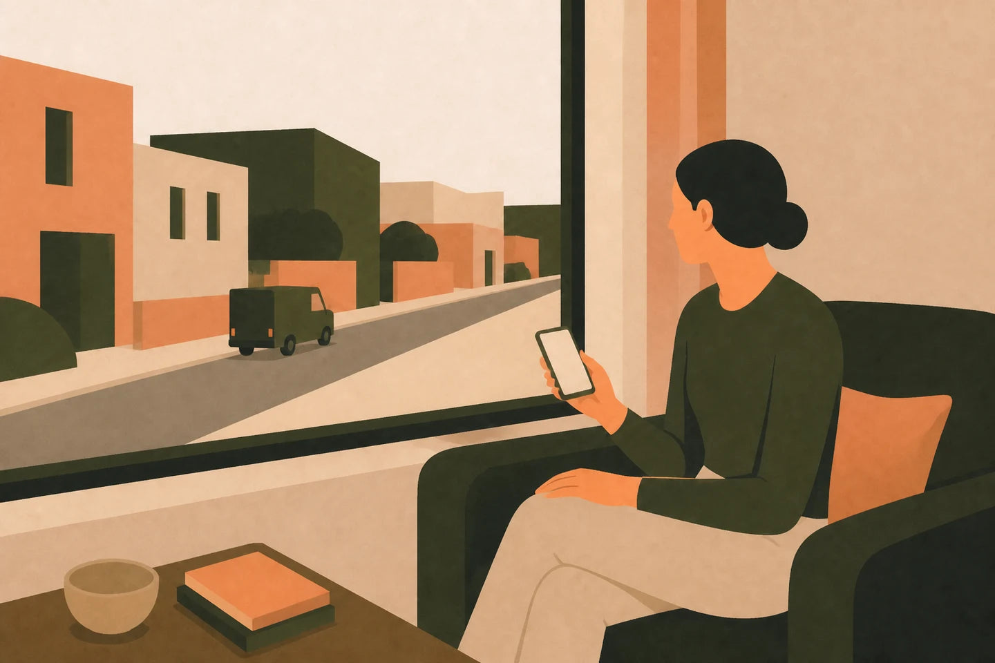 Illustration of a woman reading an order update on her phone as a delivery van passes outside.