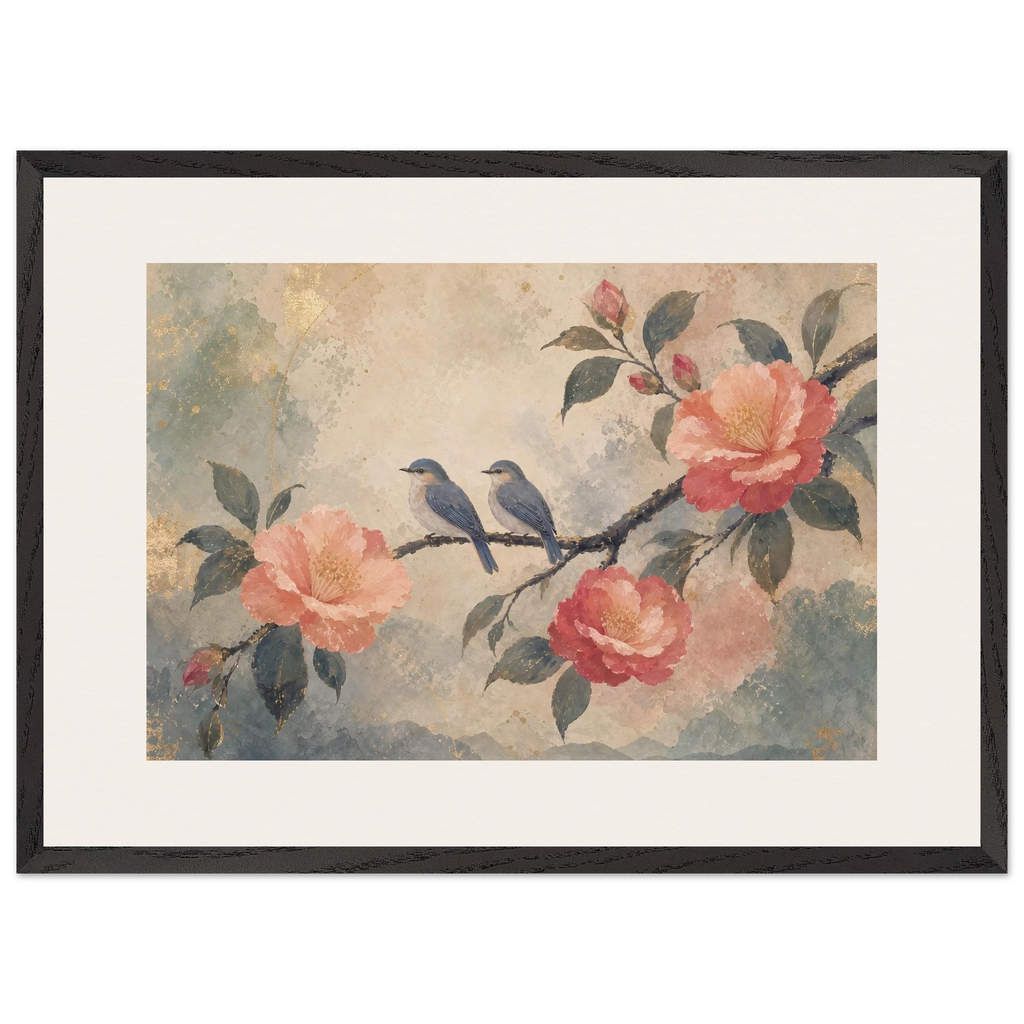 Camellia Birds: flowers and botanical. Museum-quality framed fine art print.