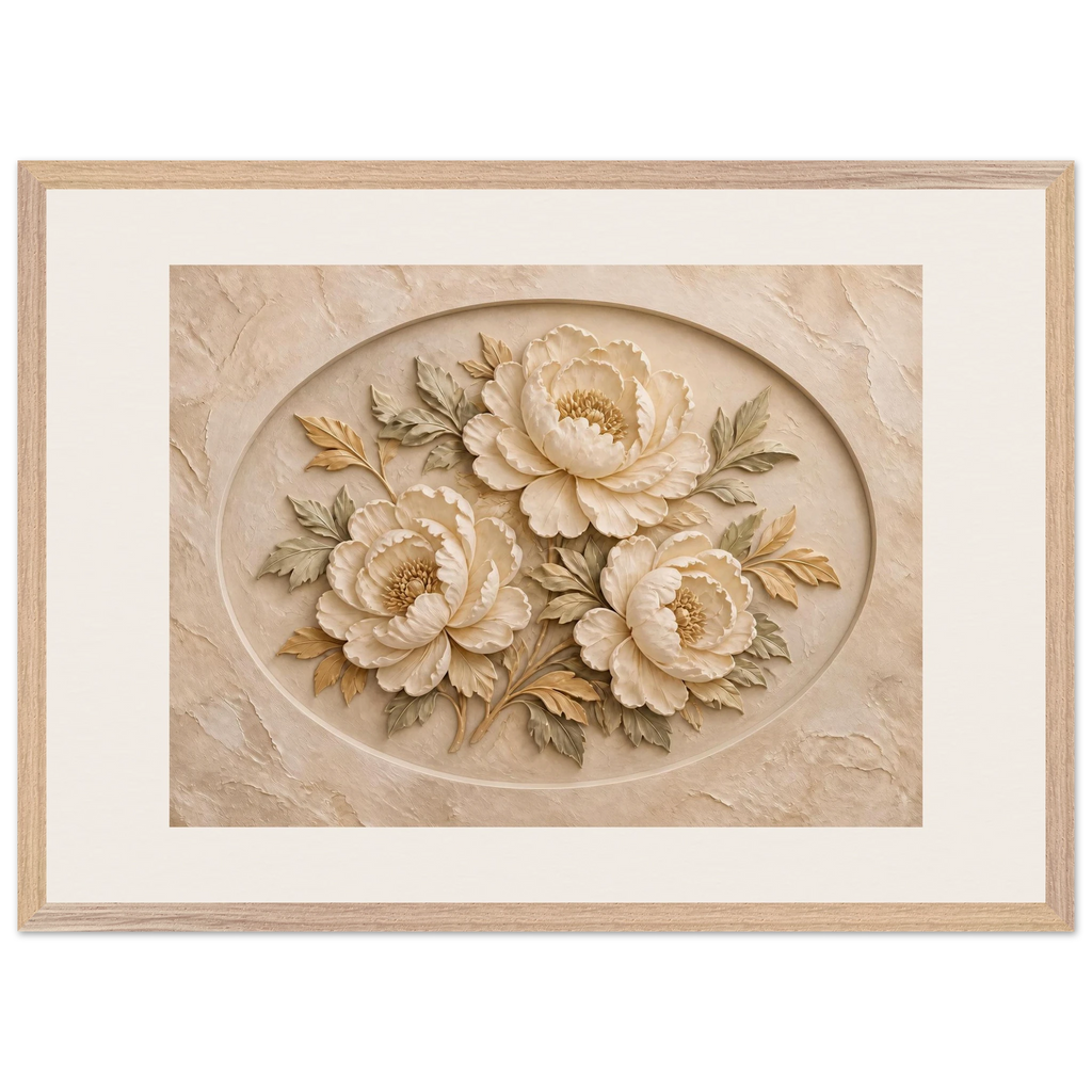 Peonies in Stone: flowers and botanical. Framed fine art print, alternate frame and size.