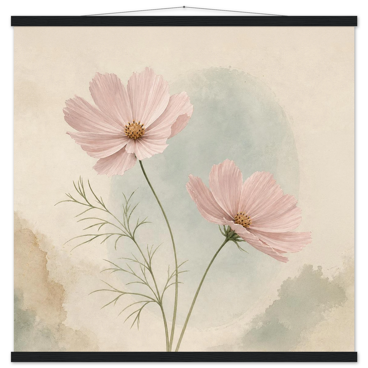 Cosmos Unison: flowers, blush and celadon. Fine art poster with wooden hanger by The Light Stays.
