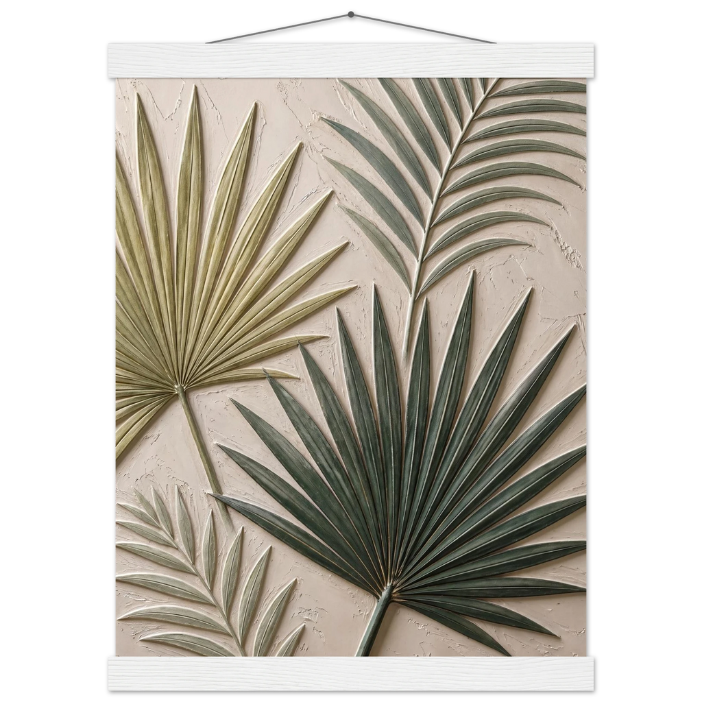 Carved Fronds: impasto, leaves and sand tones. Museum-quality fine art poster.