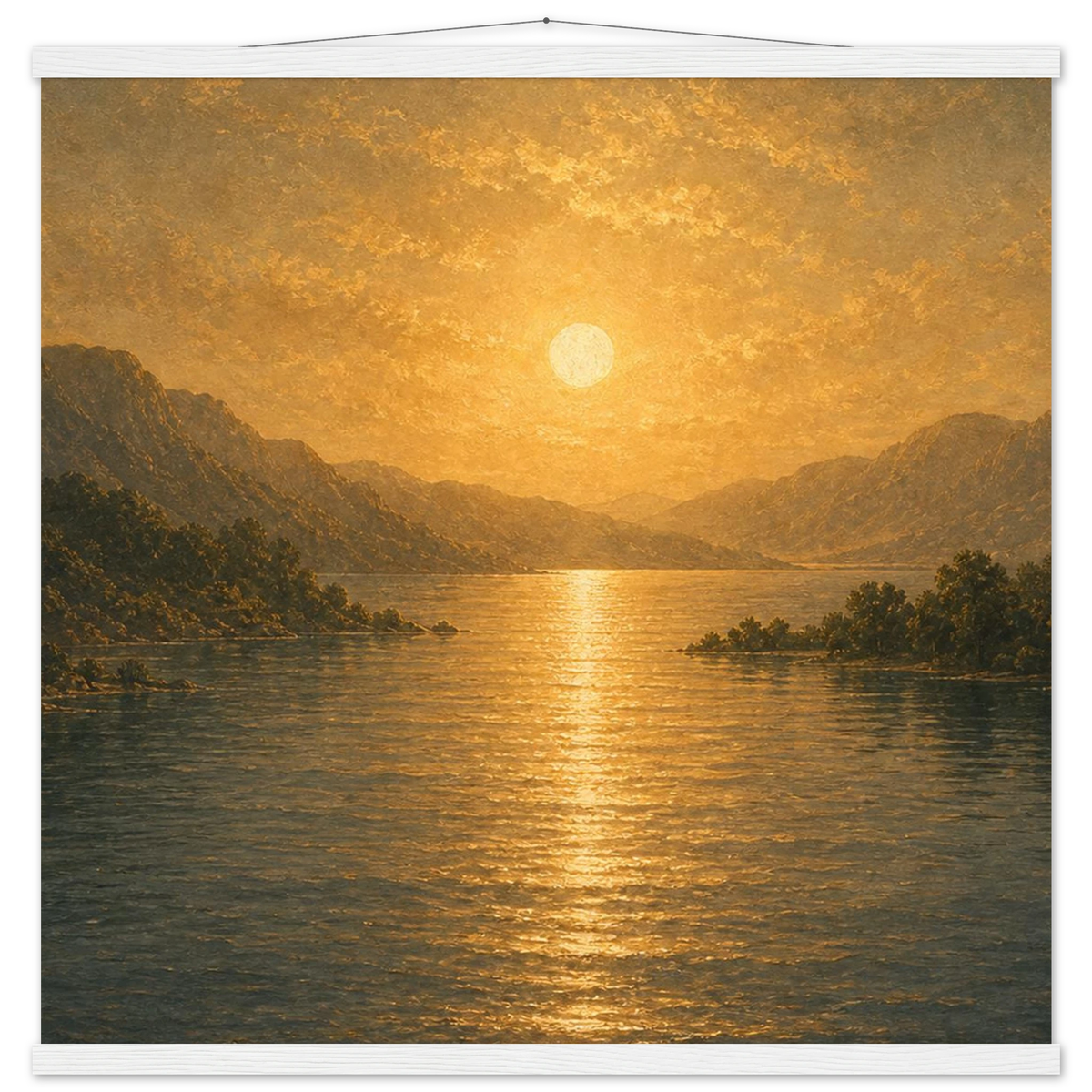 Golden Reflection: lake, sunset and mountains. Fine art poster with wooden hanger by The Light Stays.