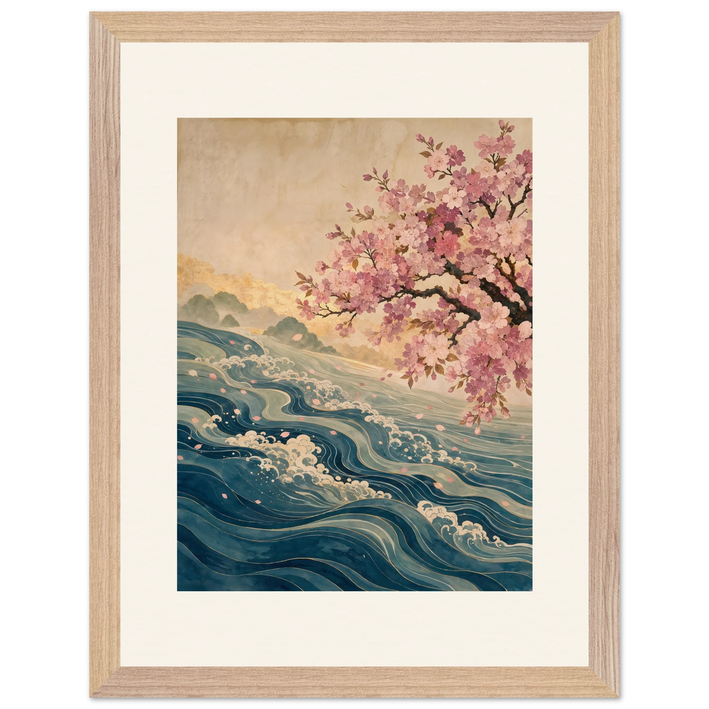 Blossom Tide: japanese art, cherry blossom and wave. Framed fine art print, alternate frame and size.
