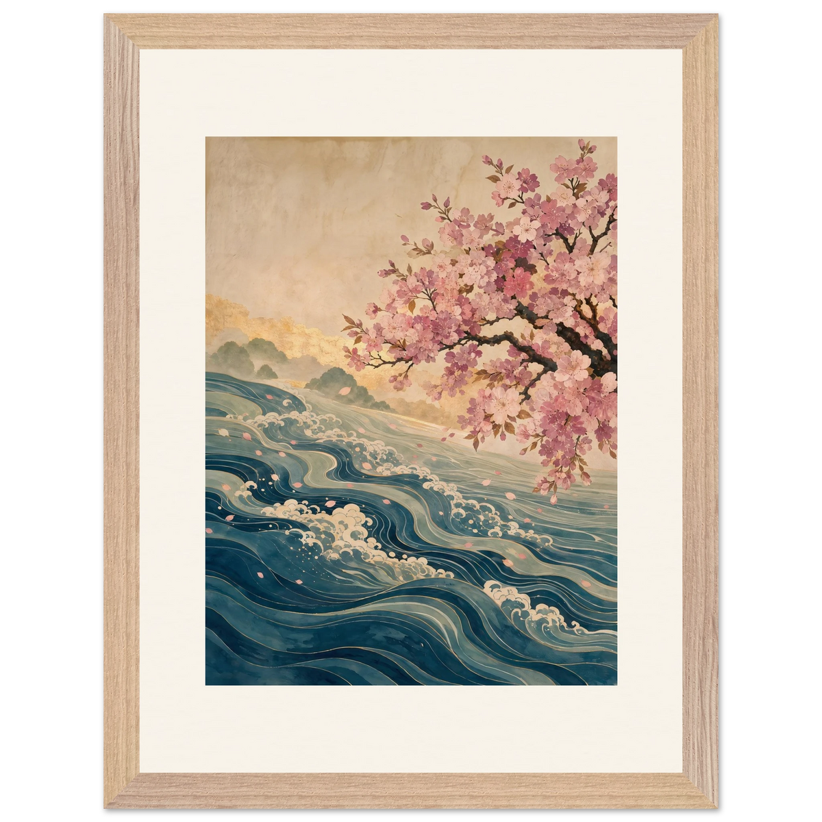 Blossom Tide: japanese art, cherry blossom and wave. Framed fine art print, alternate frame and size.