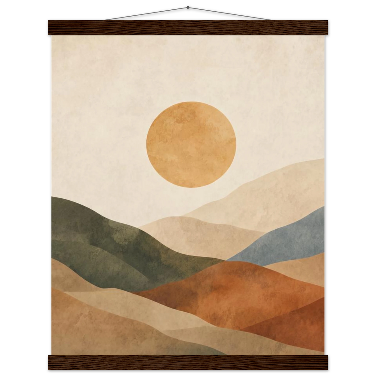 Kindled Earth: sun, hills and ochre palette. Fine art poster with wooden hanger by The Light Stays.