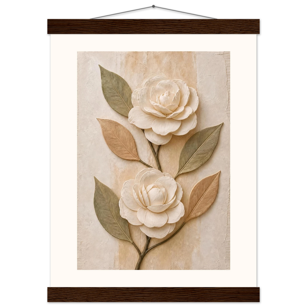 Carved Camellia, flowers and botanical. Archival fine art poster shown framed.