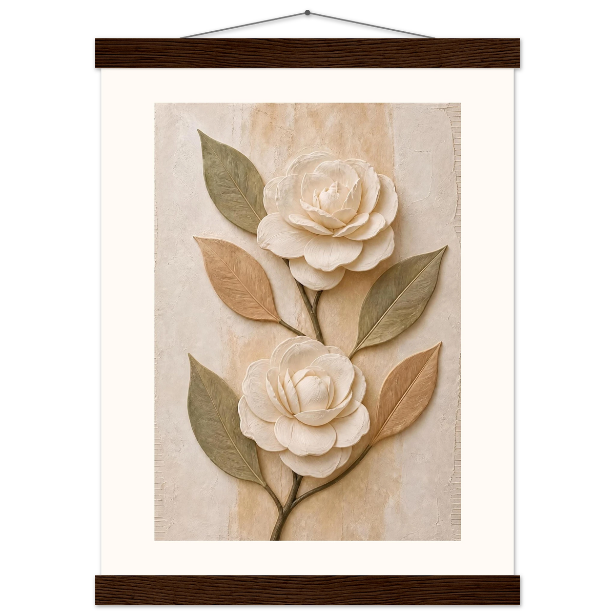 Carved Camellia, flowers and botanical. Archival fine art poster shown framed.