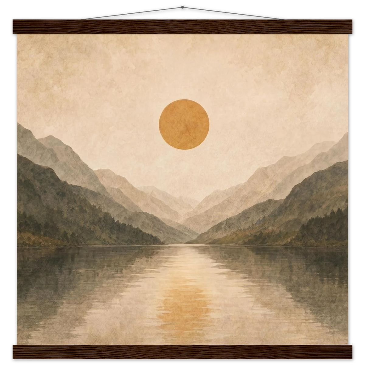 Lake Mirror: mountains, sunset and sun reflection. Fine art poster with wooden hanger by The Light Stays.