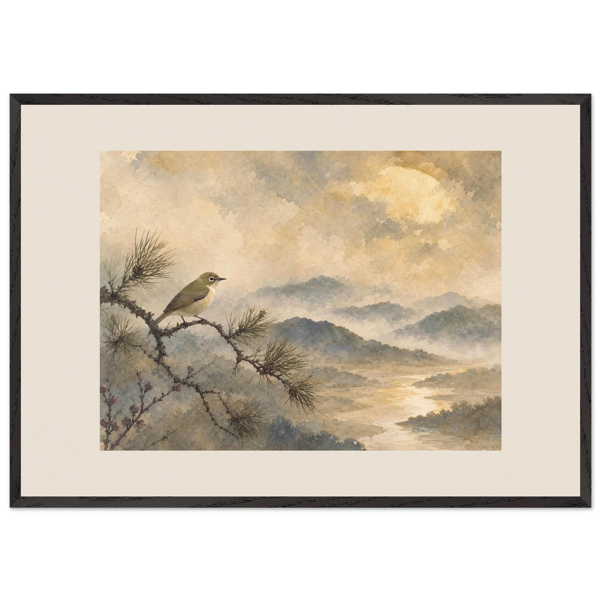 Golden Moon Bird, japanese art and japandi. Archival framed fine art print shown framed.