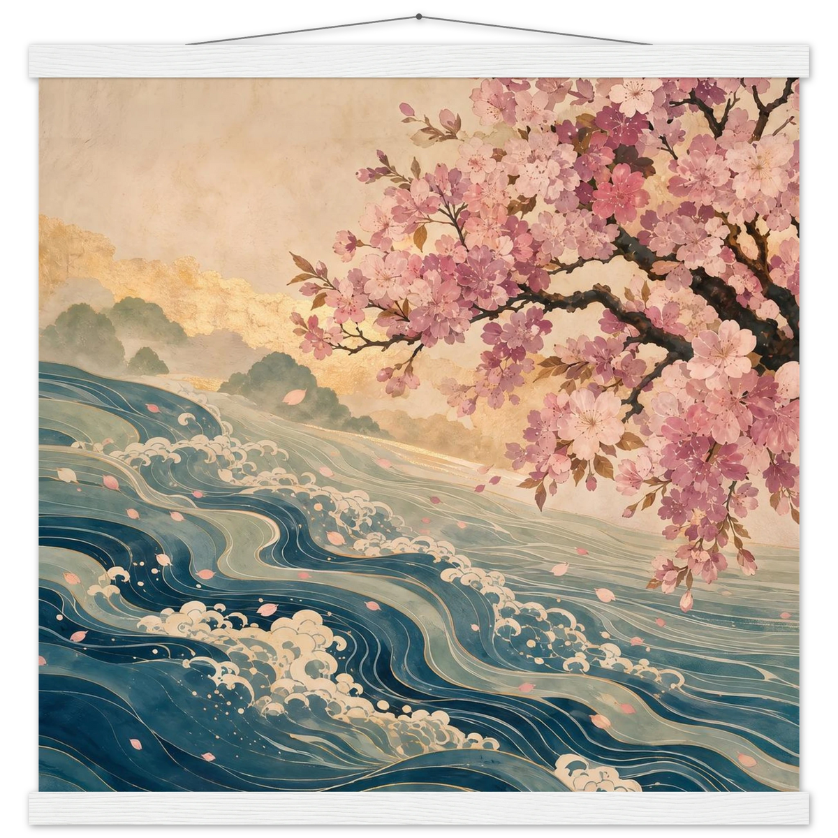Blossom Tide: japanese art, cherry blossom and wave. Fine art poster with wooden hanger by The Light Stays.