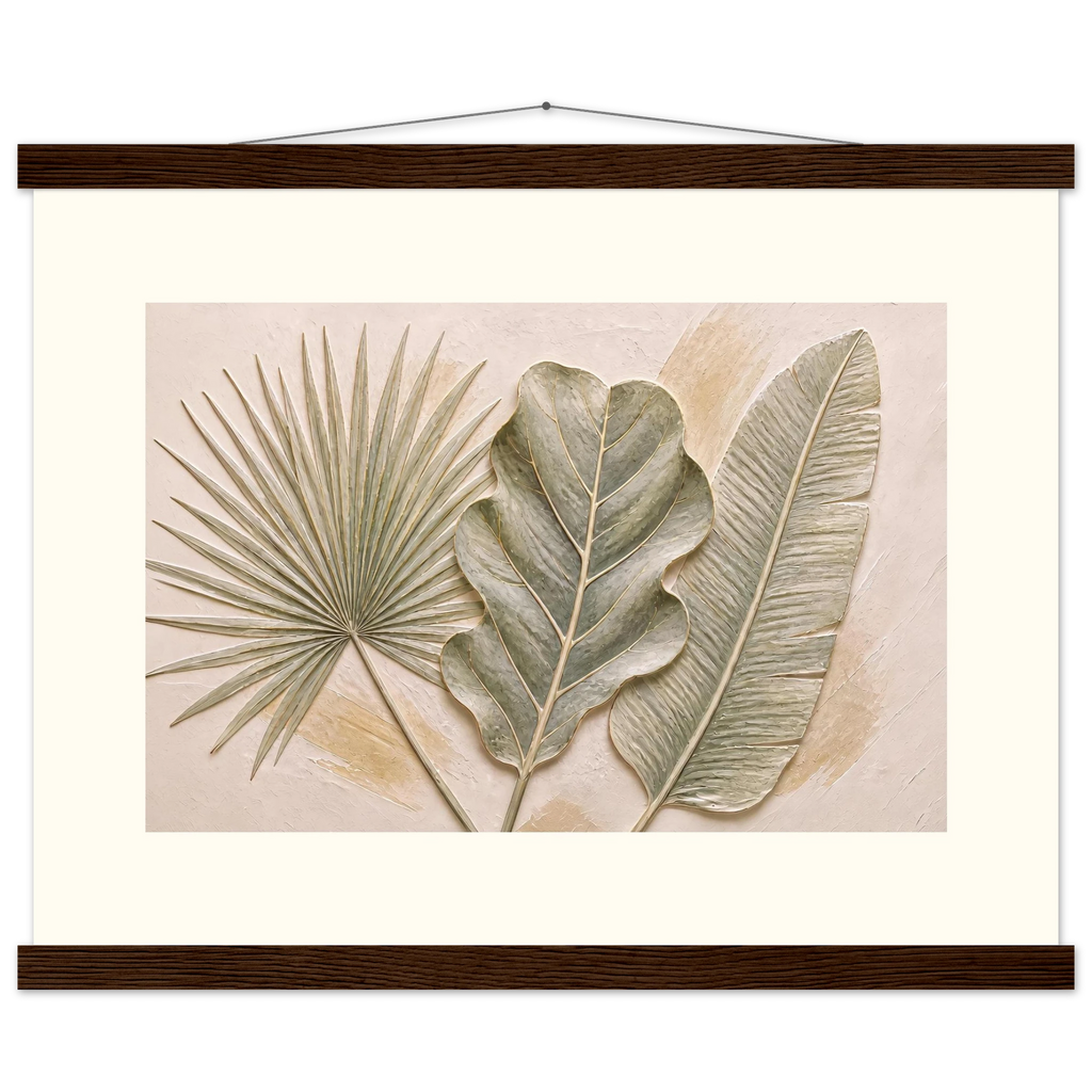 Three Leaves, botanical and nature. Archival fine art poster shown framed.