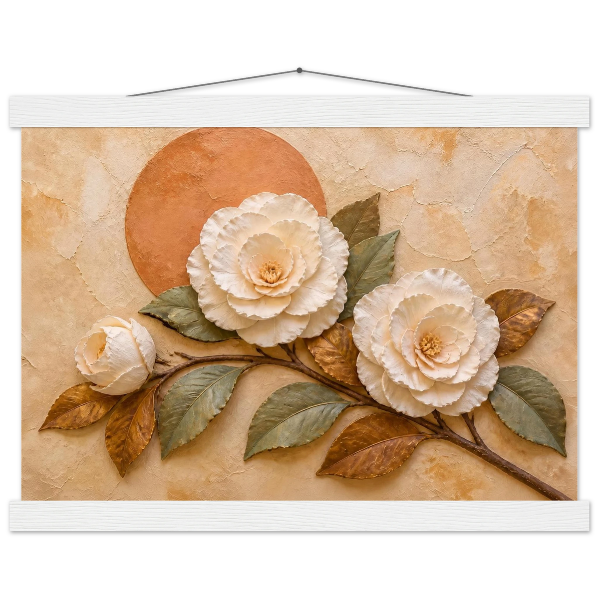 Camellia Eclipse, flowers and botanical. Archival fine art poster shown framed.