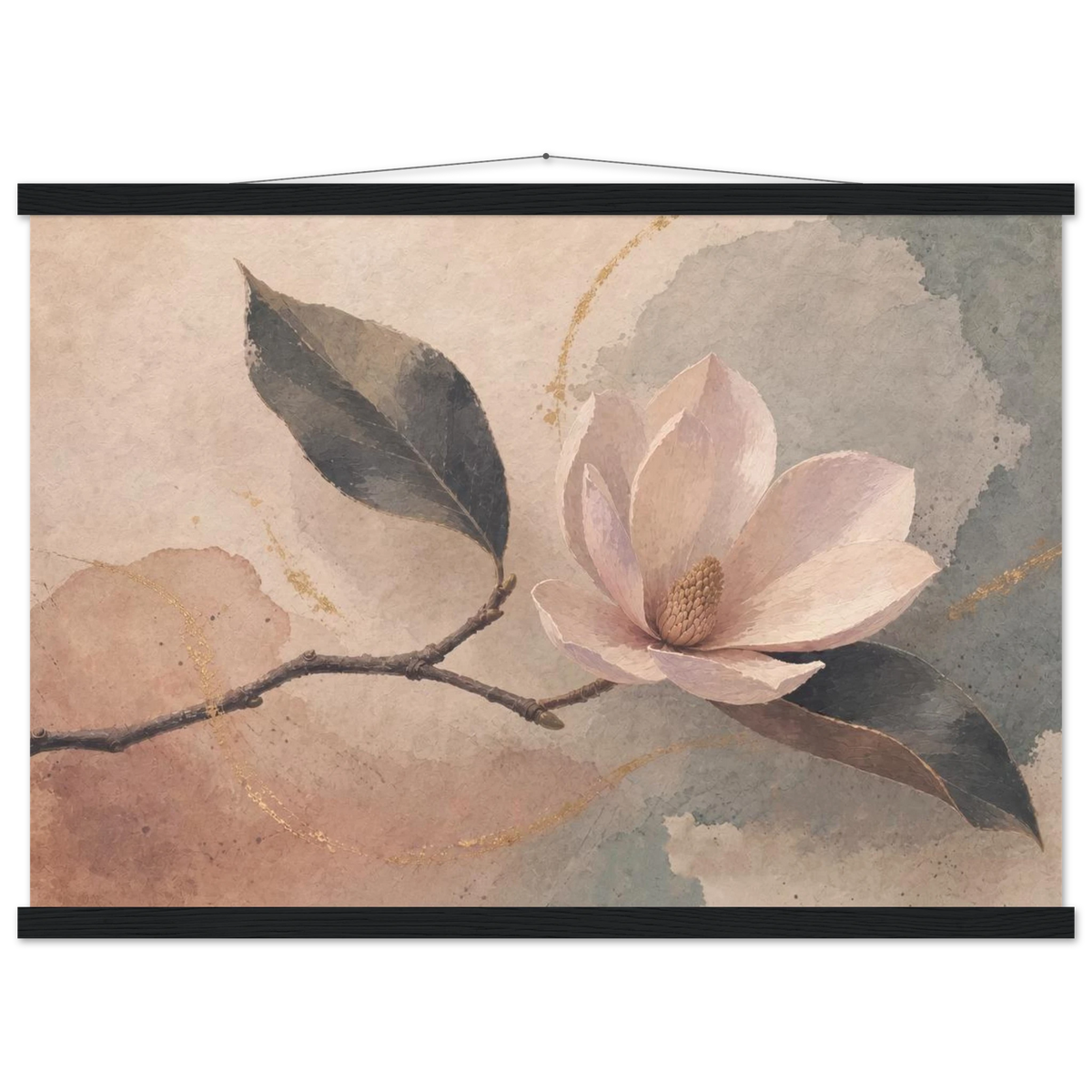 Magnolia Reverie: botanical, sage and japandi. Fine art poster with wooden hanger by The Light Stays.