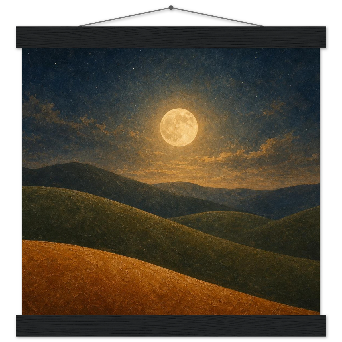 Moon Hills: night, minimalist landscape and charcoal. Fine art poster with wooden hanger by The Light Stays.