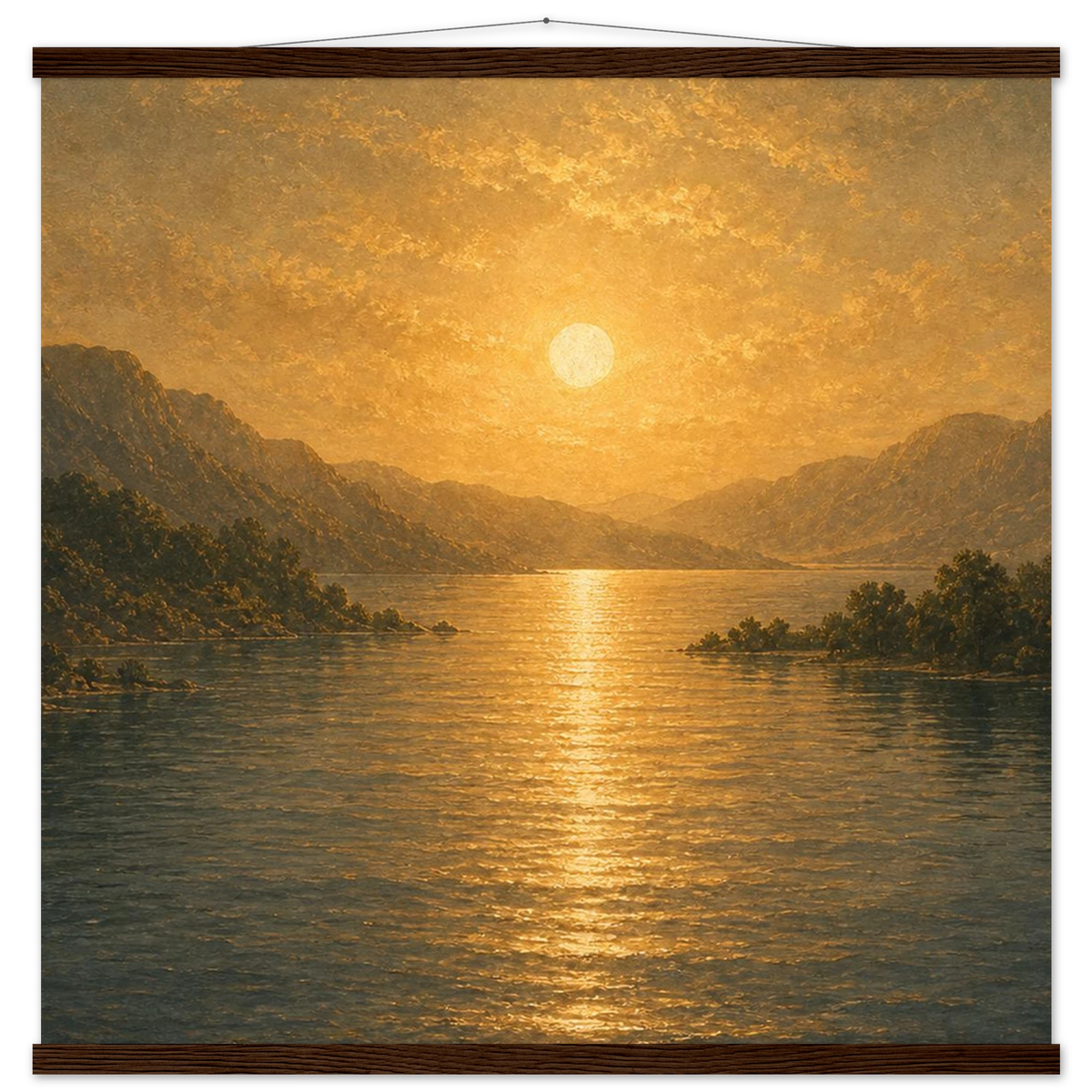 Golden Reflection: lake, sunset and mountains. Fine art poster with wooden hanger by The Light Stays.