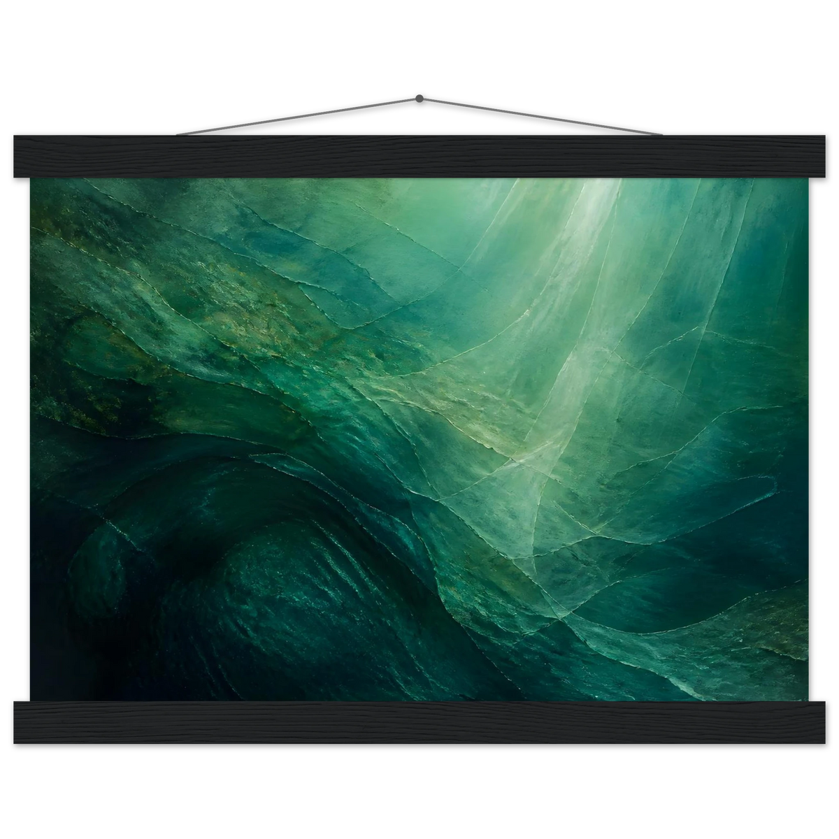 Jade Undertow: ocean, marine abstract and mineral green. Fine art poster with wooden hanger by The Light Stays.