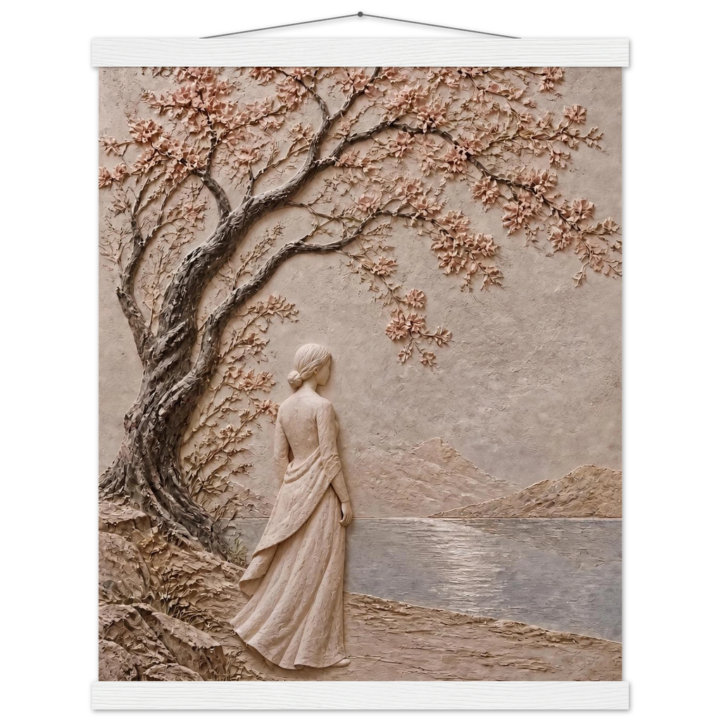 Spring Walk: impasto, lake and blossoming tree. Fine art poster by The Light Stays.