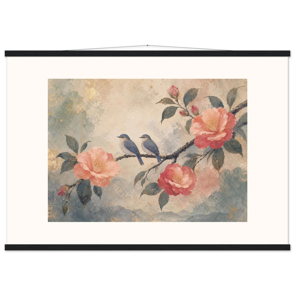 Camellia Birds: flowers and botanical. Fine art poster, alternate frame and size.