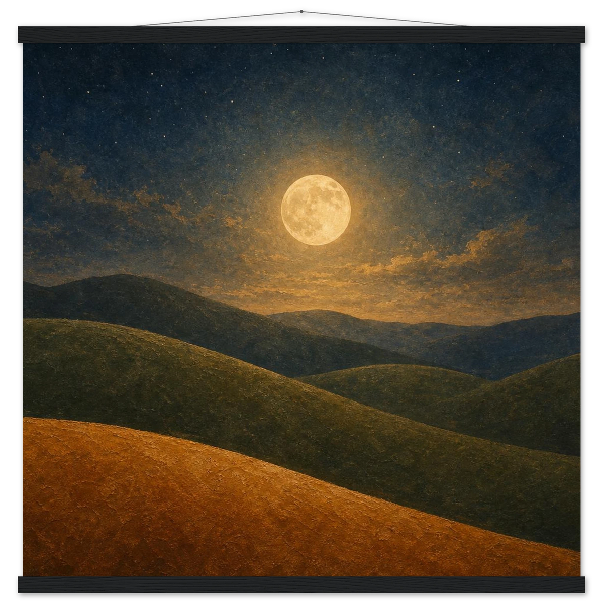 Moon Hills: night, minimalist landscape and charcoal. Fine art poster with wooden hanger by The Light Stays.