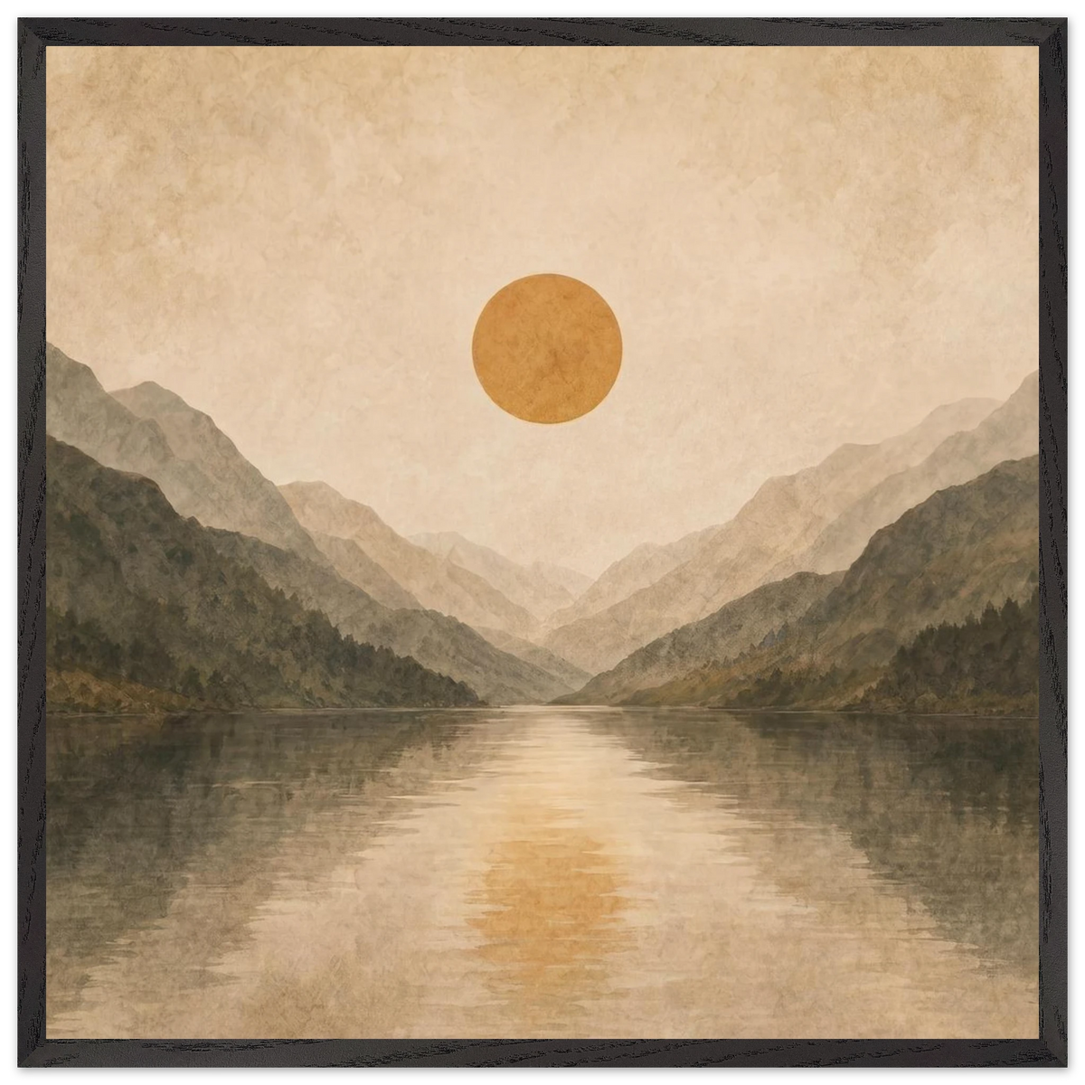 Lake Mirror: mountains, sunset and sun reflection. Framed fine art print by The Light Stays.
