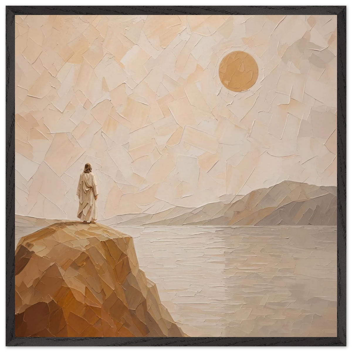 Salt Shore: jesus, cliff and sea. Framed fine art print by The Light Stays.