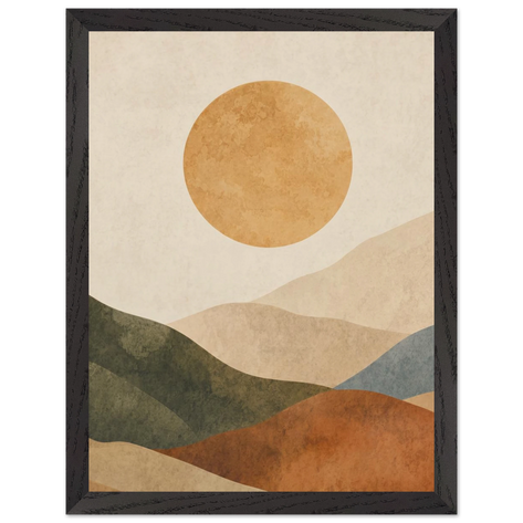 Pintura abstrata de colinas em camadas verdes, terracota e azul sob um grande sol quente, em quadro emoldurado