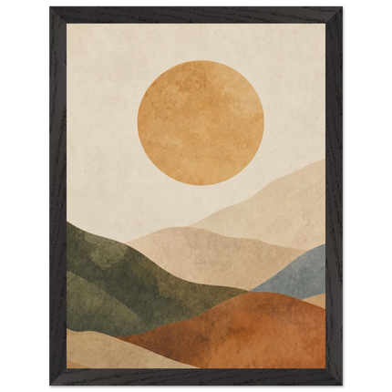 Pintura abstrata de colinas em camadas verdes, terracota e azul sob um grande sol quente, em quadro emoldurado