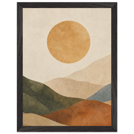 Pintura abstrata de colinas em camadas verdes, terracota e azul sob um grande sol quente, em quadro emoldurado