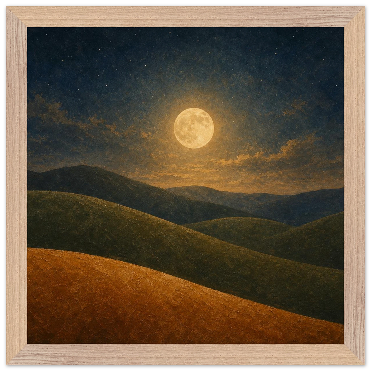 Moon Hills: night, minimalist landscape and charcoal. Framed fine art print by The Light Stays.
