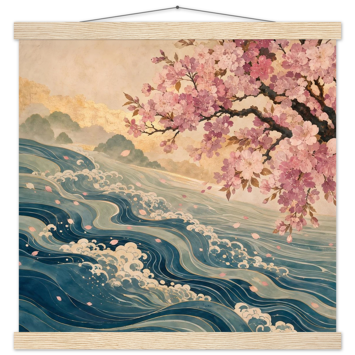 Blossom Tide: japanese art, cherry blossom and wave. Fine art poster with wooden hanger by The Light Stays.