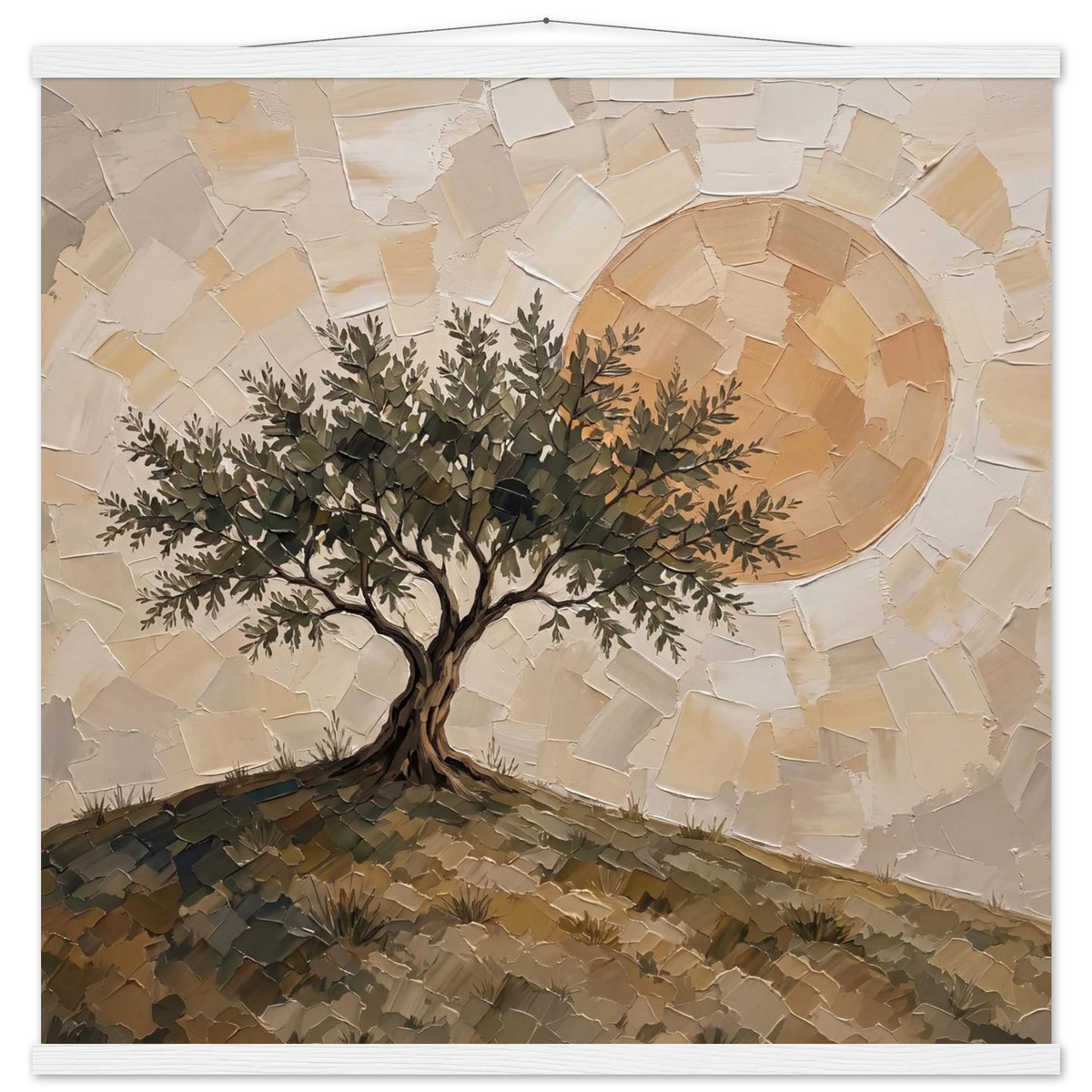 Olive Noon: hills, botanical and golden tones. Fine art poster with wooden hanger by The Light Stays.