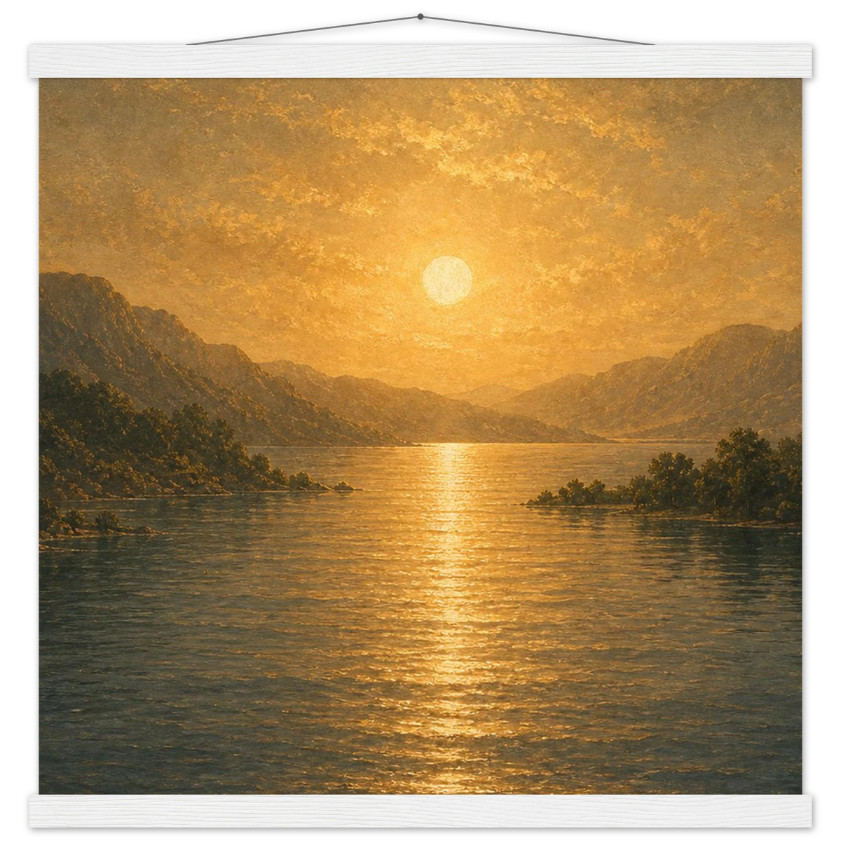 Golden Reflection: lake, sunset and mountains. Fine art poster with wooden hanger by The Light Stays.