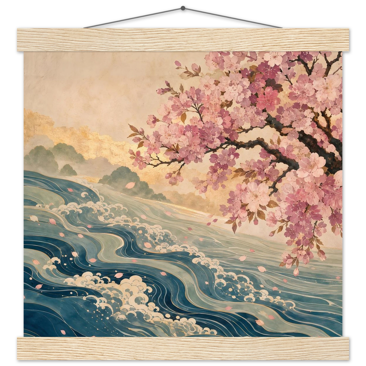 Blossom Tide: japanese art, cherry blossom and wave. Fine art poster with wooden hanger by The Light Stays.