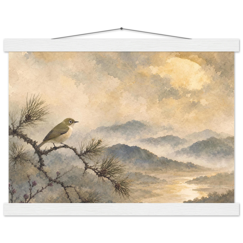 Golden Moon Bird: japanese art and japandi. Fine art poster, alternate frame and size.