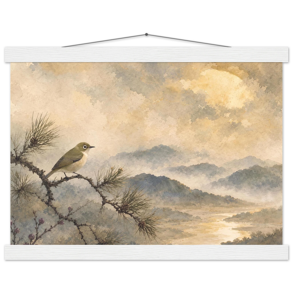 Golden Moon Bird: japanese art and japandi. Fine art poster, alternate frame and size.