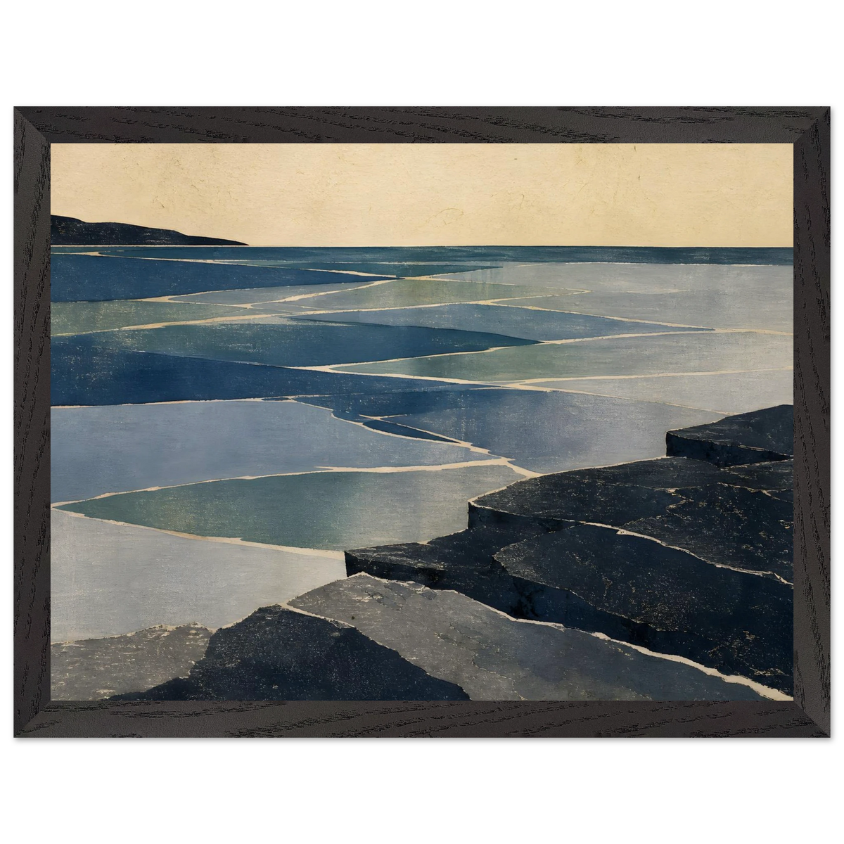 Indigo Tide: coastal landscape, jade water and japandi. Framed fine art print by The Light Stays.