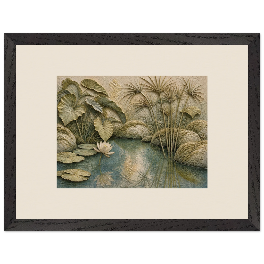 Papyrus Pond: lake, papyrus and serene greens. Framed fine art print, alternate frame and size.