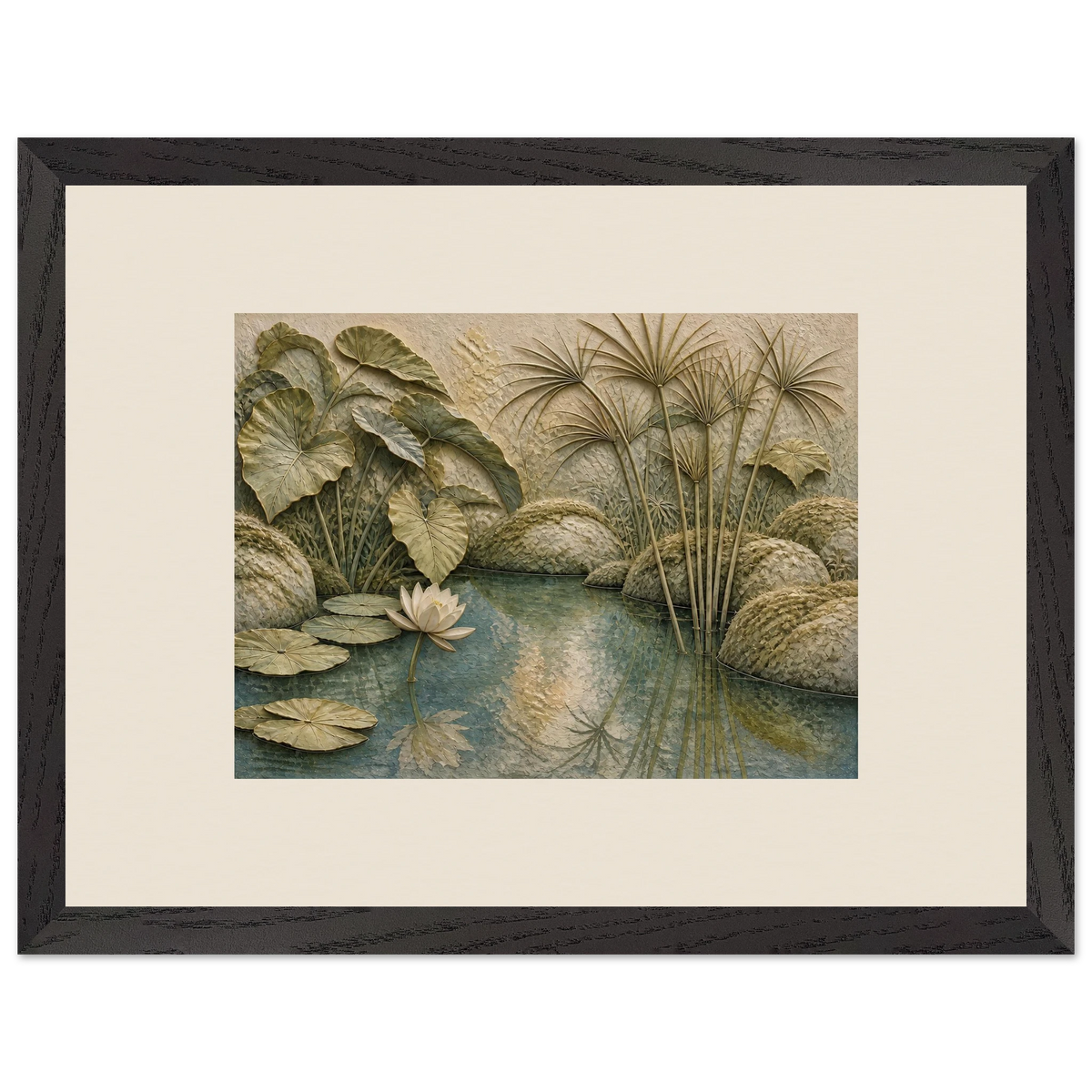 Papyrus Pond: lake, papyrus and serene greens. Framed fine art print, alternate frame and size.