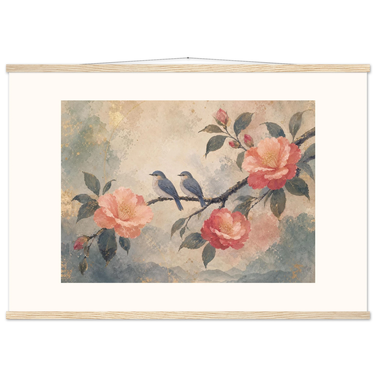 Camellia Birds, flowers and botanical. Archival fine art poster shown framed.