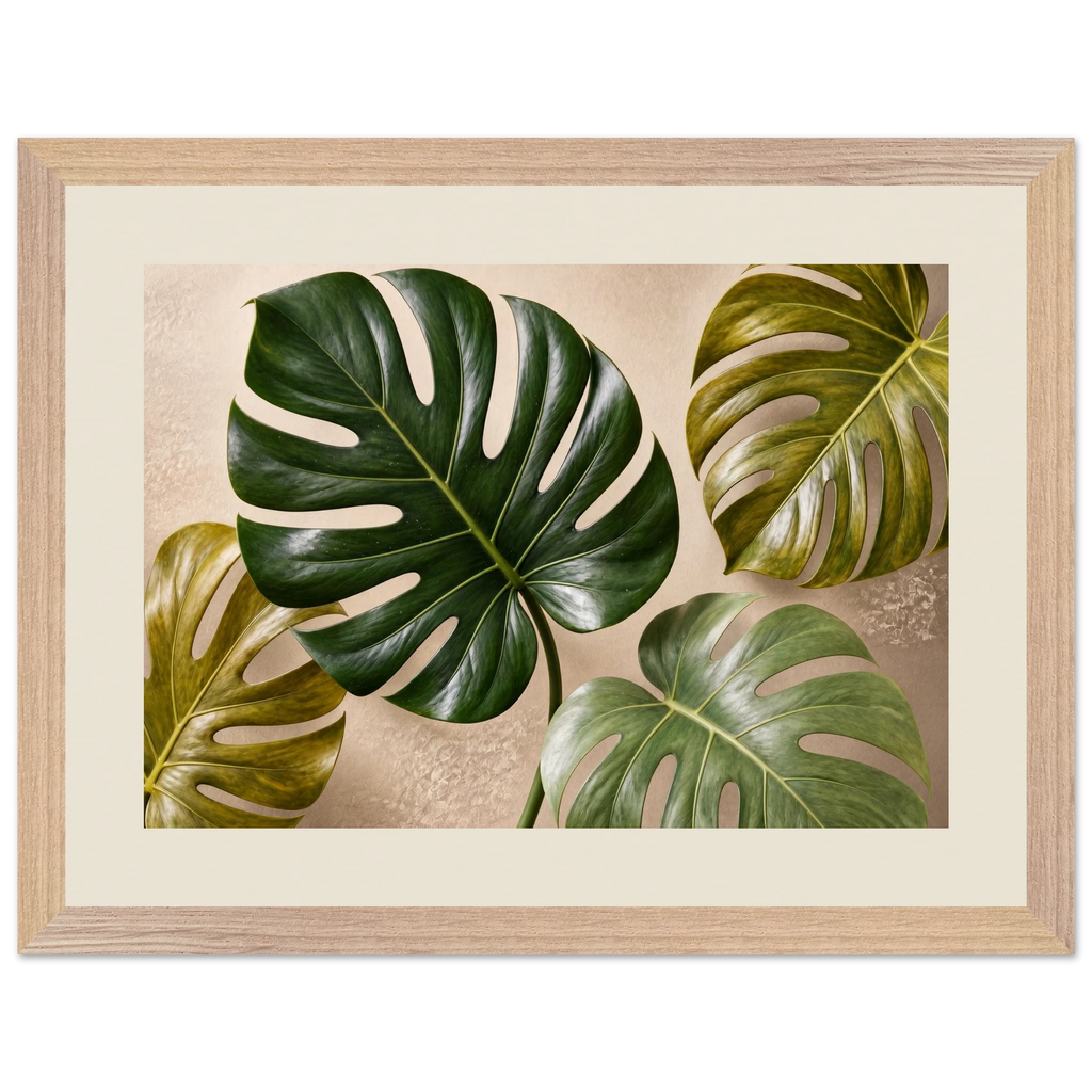 Four Greens, leaves, vivid green and impasto. Archival framed fine art print shown framed.