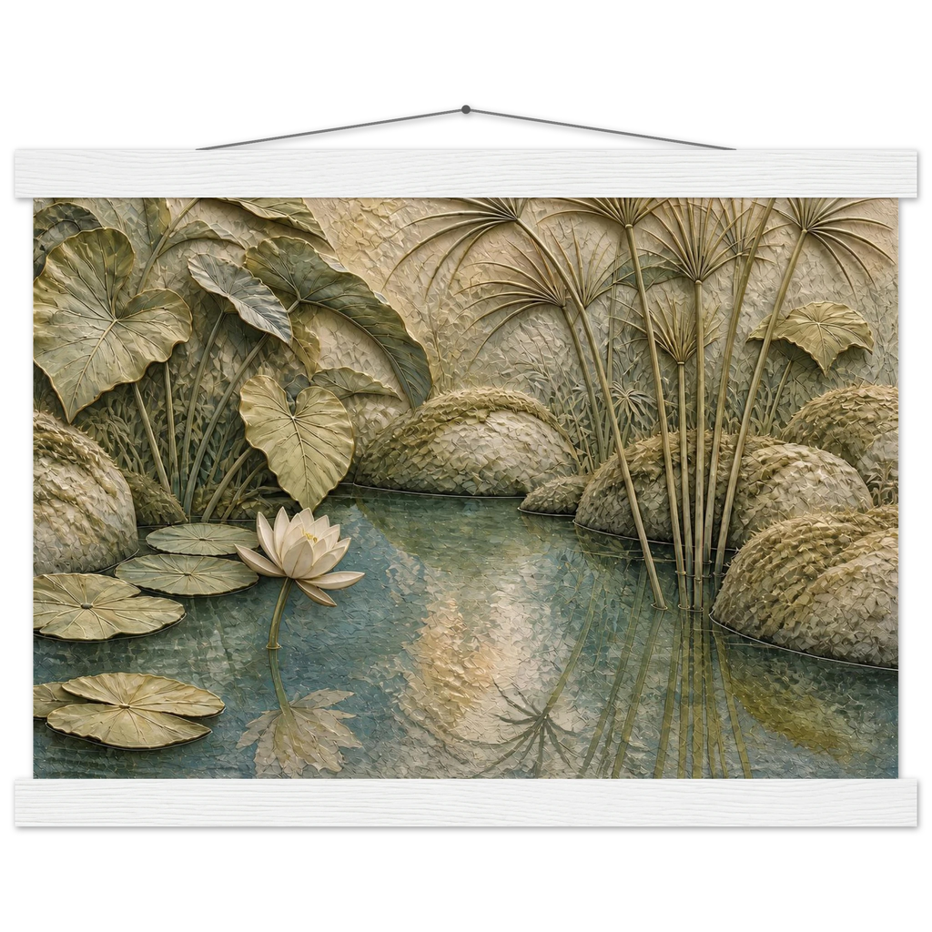 Papyrus Pond, lake, papyrus and serene greens. Archival fine art poster shown framed.