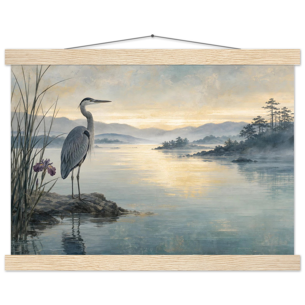 Heron at Dawn: japanese art and japandi. Fine art poster, alternate frame and size.