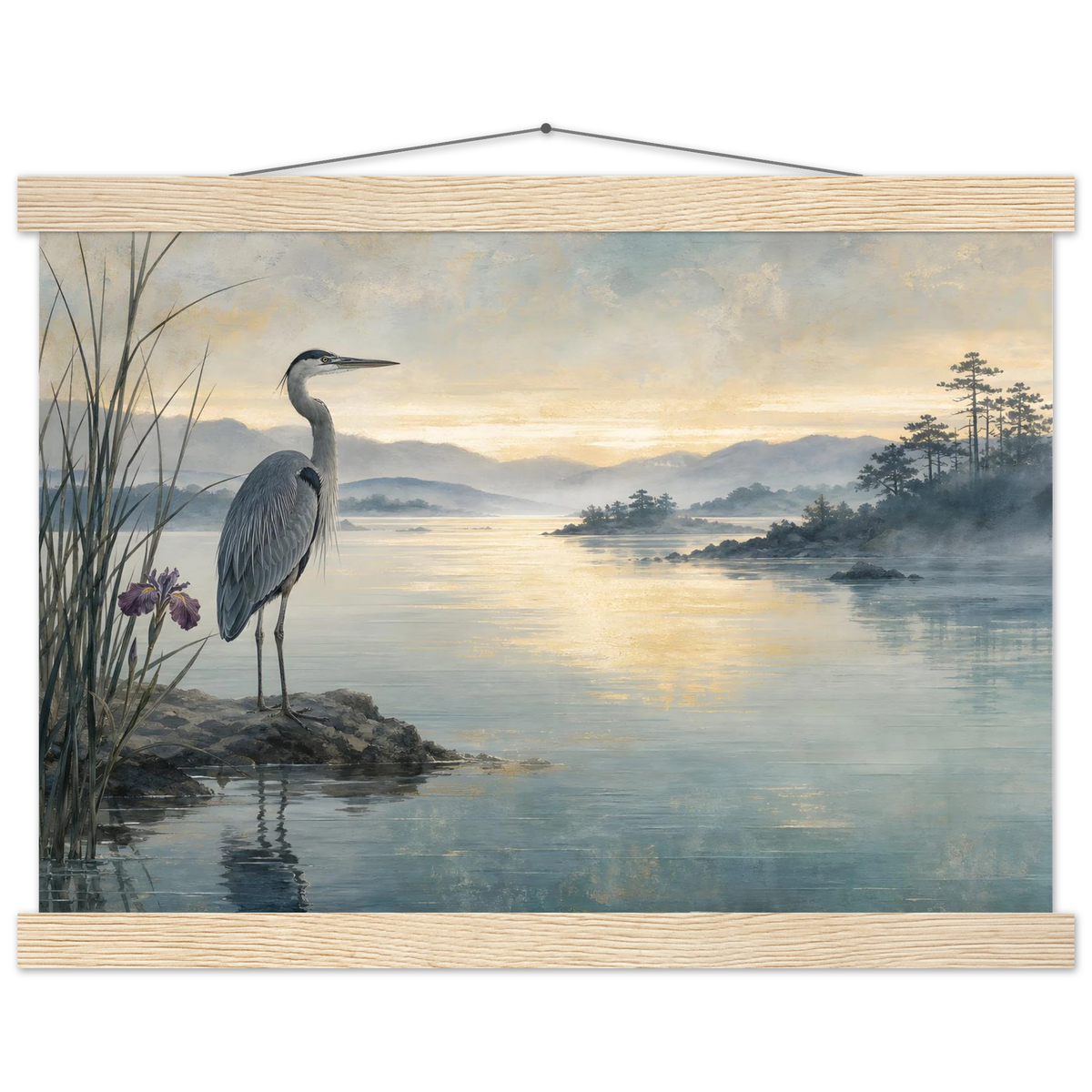 Heron at Dawn: japanese art and japandi. Fine art poster, alternate frame and size.