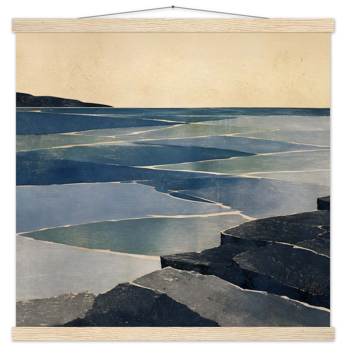 Indigo Tide: coastal landscape, jade water and japandi. Fine art poster with wooden hanger by The Light Stays.