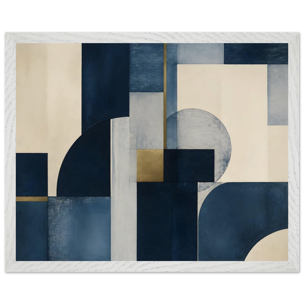 Blue Architecture: geometric abstract, blue and cream. Museum-quality framed fine art print.