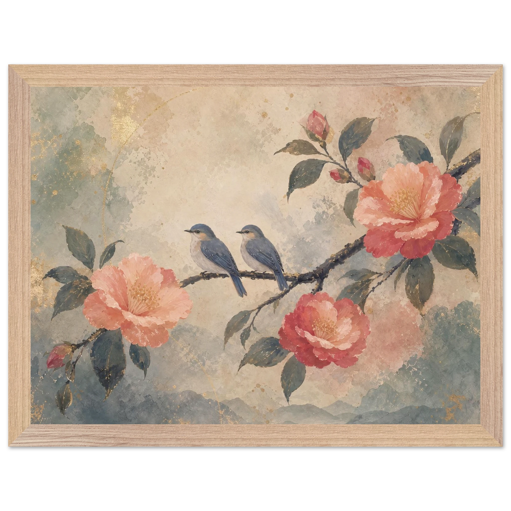 Camellia Birds: flowers and botanical. Framed fine art print by The Light Stays.