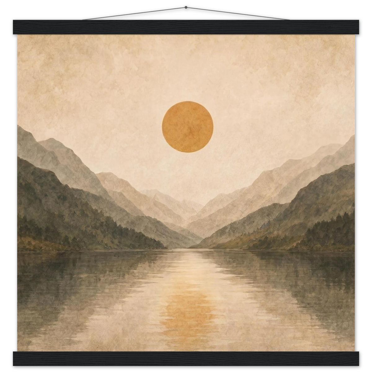 Lake Mirror: mountains, sunset and sun reflection. Fine art poster with wooden hanger by The Light Stays.