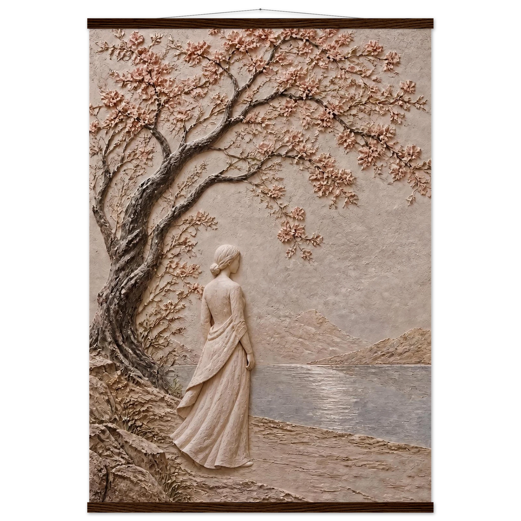 Spring Walk: impasto, lake and blossoming tree. Fine art poster, alternate frame and size.